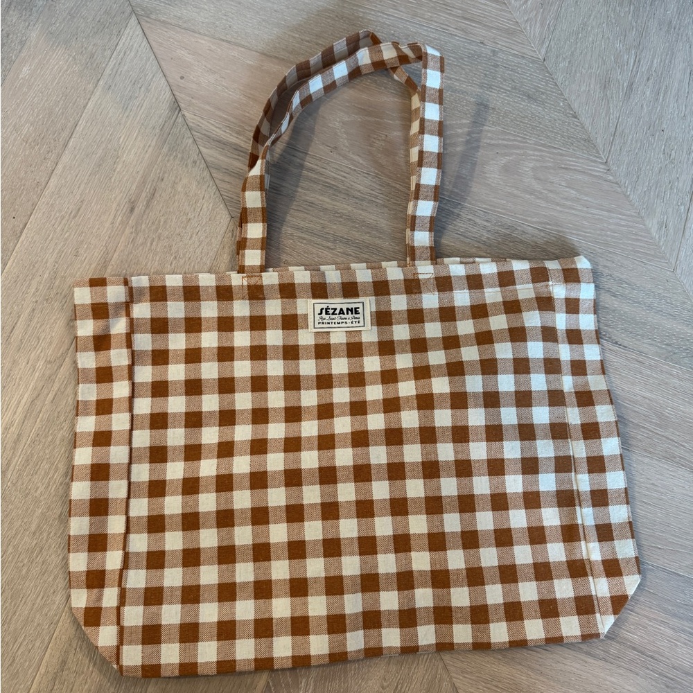 Sezane Brown Checkered Tote Bag